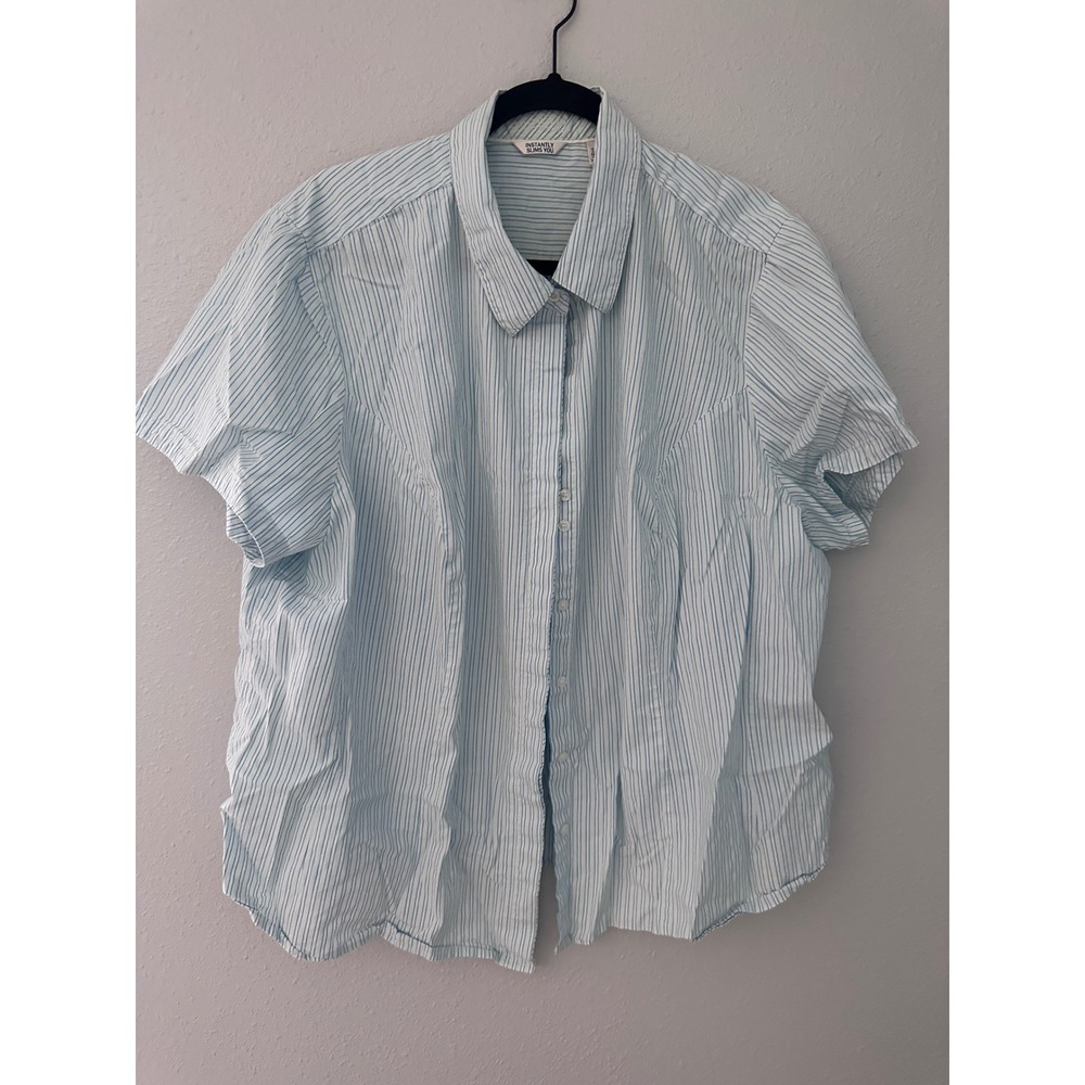 Instantly Slims You Womens 2X Blue White Striped Short Sleeve Button Down Shirt